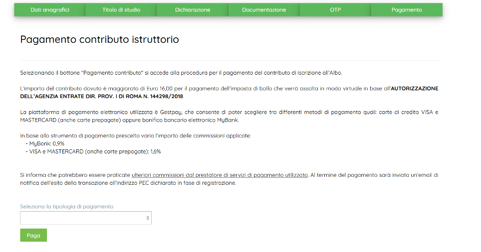 Pagamento contributo istruttorio